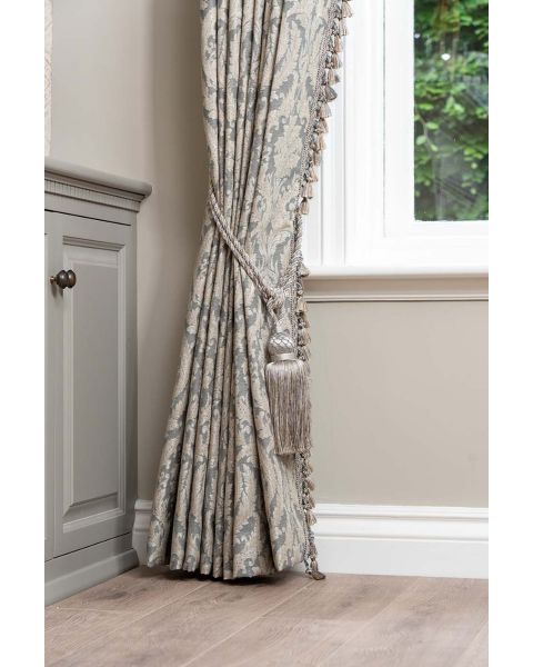 Bexley Teal Damask + Limoges Steel Grey Hand-Tied Fringe