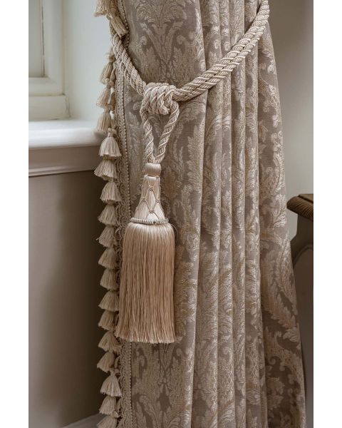 Bexley Taupe Damask + Limoges Cream Hand-Tied Fringe
