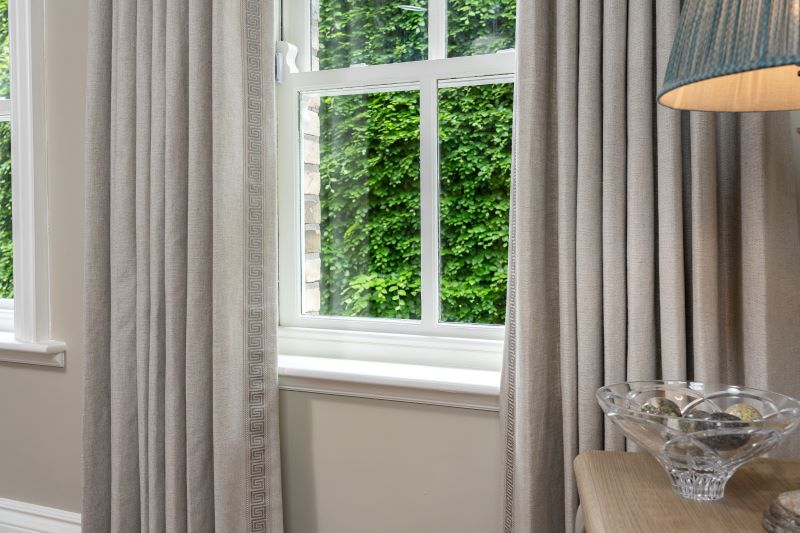 Ready Made Curtains: Como Greige Fabric & Lyon Greige Braid 