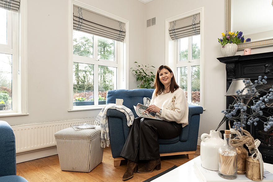 interiors creator Blathnàid dressed her family den with made-to-measure roman blinds in our Linen look cream fabric